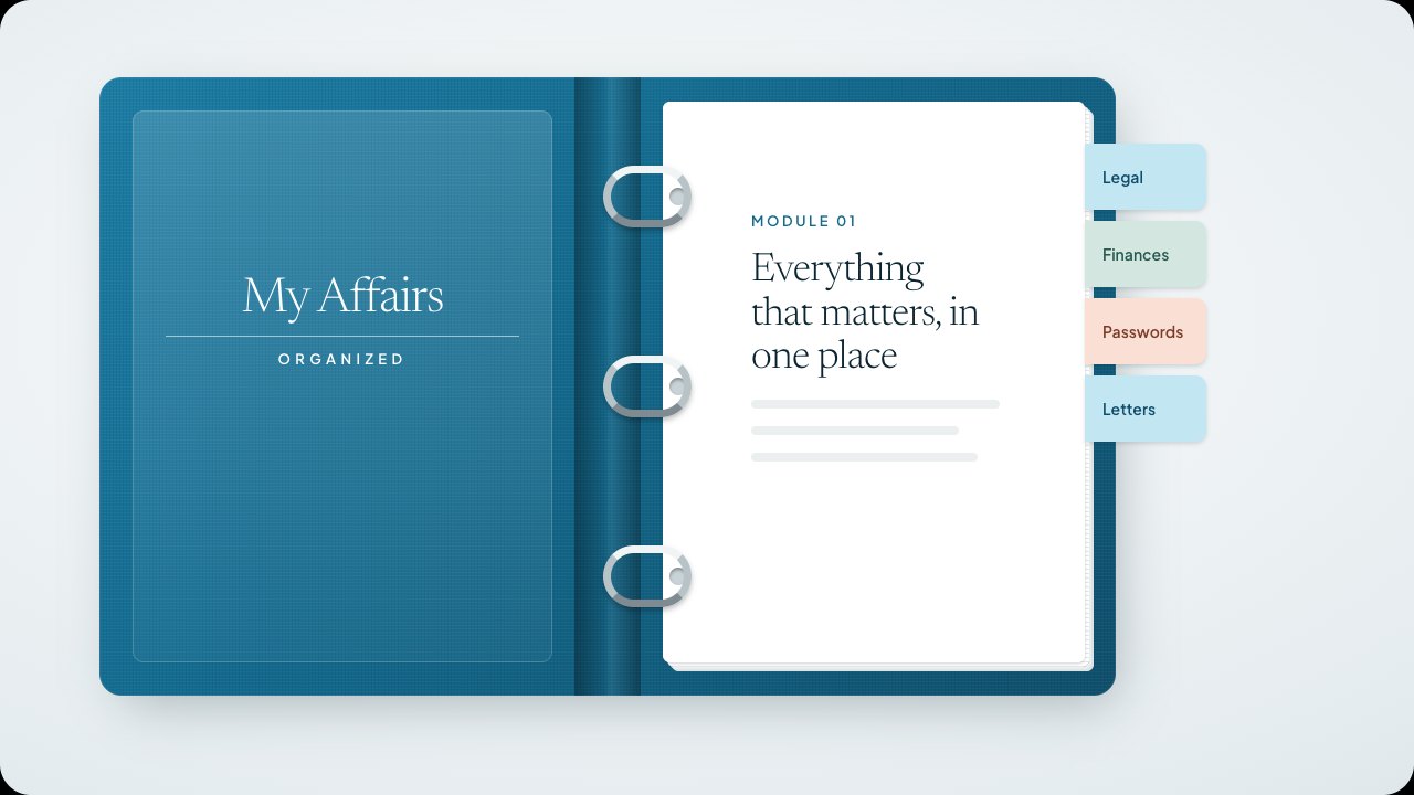 The My Affairs Organized binder, open to Module 01 with divider tabs
